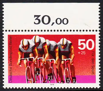 BERLIN 1978 Michel-Nummer 567 postfrisch EINZELMARKE RAND oben - Sporthilfe: Radsport