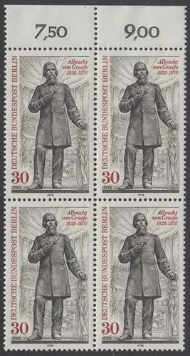 BERLIN 1978 Michel-Nummer 569 postfrisch BLOCK RÄNDER oben (a02) - Albrecht von Graefe, Augenarzt