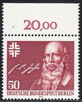 BERLIN 1978 Michel-Nummer 570 postfrisch EINZELMARKE RAND oben - Friedrich Ludwig Jahn, Begründer der deutschen Turnbewegung