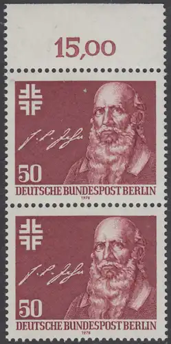 BERLIN 1978 Michel-Nummer 570 postfrisch vert.PAAR RAND oben - Friedrich Ludwig Jahn, Begründer der deutschen Turnbewegung