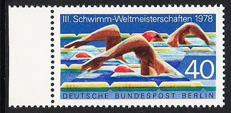 BERLIN 1978 Michel-Nummer 571 postfrisch EINZELMARKE RAND links - Schwimm-Weltmeisterschaften, Berlin