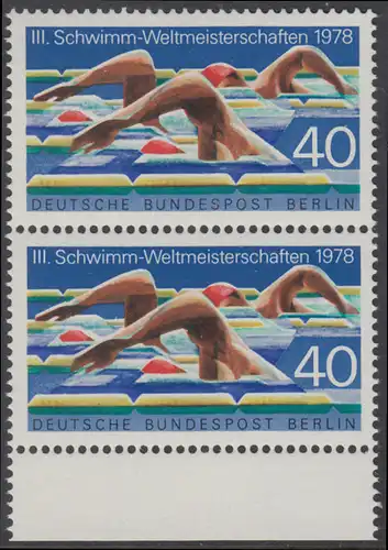 BERLIN 1978 Michel-Nummer 571 postfrisch vert.PAAR RAND unten - Schwimm-Weltmeisterschaften, Berlin