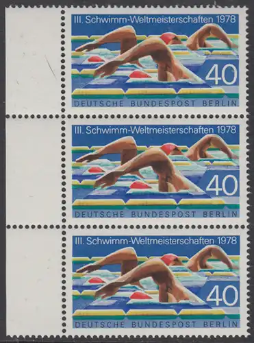 BERLIN 1978 Michel-Nummer 571 postfrisch vert.STRIP(3) RÄNDER links - Schwimm-Weltmeisterschaften, Berlin