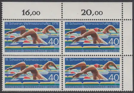 BERLIN 1978 Michel-Nummer 571 postfrisch BLOCK ECKRAND oben rechts - Schwimm-Weltmeisterschaften, Berlin