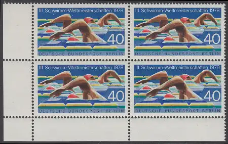 BERLIN 1978 Michel-Nummer 571 postfrisch BLOCK ECKRAND unten links - Schwimm-Weltmeisterschaften, Berlin