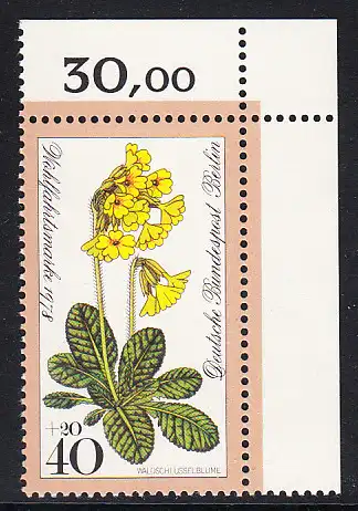 BERLIN 1978 Michel-Nummer 574 postfrisch EINZELMARKE ECKRAND oben rechts - Waldblumen: Waldschüsselblume