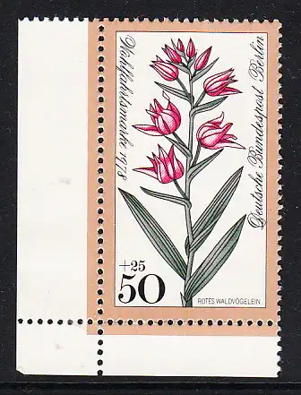 BERLIN 1978 Michel-Nummer 575 postfrisch EINZELMARKE ECKRAND unten links - Waldblumen: Rotes Waldvögelein