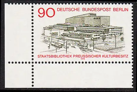 BERLIN 1978 Michel-Nummer 577 postfrisch EINZELMARKE ECKRAND unten links - Staatsbibliothek Preußischer Kulturbesitz
