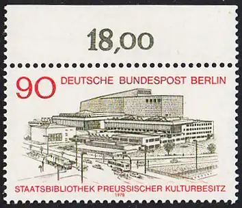 BERLIN 1978 Michel-Nummer 577 postfrisch EINZELMARKE RAND oben (a) - Staatsbibliothek Preußischer Kulturbesitz