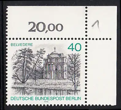 BERLIN 1978 Michel-Nummer 578 postfrisch EINZELMARKE ECKRAND oben rechts - Berlin-Ansichten: Belvedere, Schloss Charlottenburg