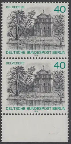 BERLIN 1978 Michel-Nummer 578 postfrisch vert.PAAR RAND unten - Berlin-Ansichten: Belvedere, Schloss Charlottenburg