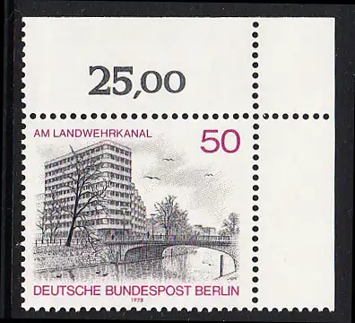 BERLIN 1978 Michel-Nummer 579 postfrisch EINZELMARKE ECKRAND oben rechts - Berlin-Ansichten: Shellhaus am Landwehrkanal