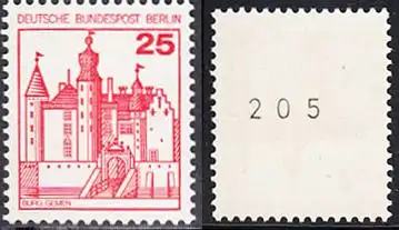 BERLIN 1978 Michel-Nummer 587 postfrisch EINZELMARKE m/ rücks.Rollennummer 205 - Burgen & Schlösser: Burg Gemen