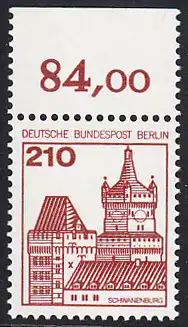 BERLIN 1978 Michel-Nummer 589 postfrisch EINZELMARKE RAND oben (a) - Burgen & Schlösser: Schwanenburg, Kleve