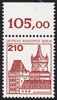 BERLIN 1978 Michel-Nummer 589 postfrisch EINZELMARKE RAND oben (b) - Burgen & Schlösser: Schwanenburg, Kleve