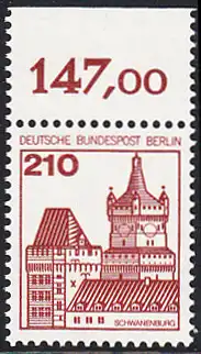 BERLIN 1978 Michel-Nummer 589 postfrisch EINZELMARKE RAND oben (d) - Burgen & Schlösser: Schwanenburg, Kleve