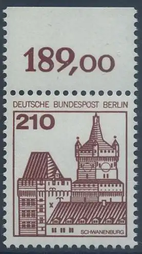 BERLIN 1978 Michel-Nummer 589 postfrisch EINZELMARKE RAND oben (e) - Burgen & Schlösser: Schwanenburg, Kleve