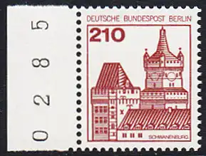 BERLIN 1978 Michel-Nummer 589 postfrisch EINZELMARKE RAND links (BZ) - Burgen & Schlösser: Schwanenburg, Kleve