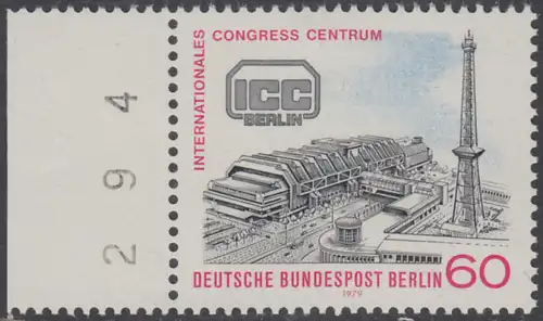 BERLIN 1979 Michel-Nummer 591 postfrisch EINZELMARKE RAND links (e) - Internationales Congress-Centrum (ICC), Berlin