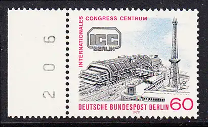 BERLIN 1979 Michel-Nummer 591 postfrisch EINZELMARKE RAND links (b) - Internationales Congress-Centrum (ICC), Berlin