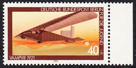 BERLIN 1979 Michel-Nummer 592 postfrisch EINZELMARKE RAND rechts - Luftfahrt: Segelflugzeug Vampyr