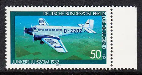 BERLIN 1979 Michel-Nummer 593 postfrisch EINZELMARKE RAND rechts - Luftfahrt: Verkehrsflugzeug Ju 52/3 m