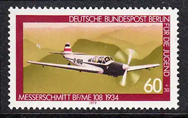 BERLIN 1979 Michel-Nummer 594 postfrisch EINZELMARKE - Luftfahrt: Sportflugzeug Messerschmitt Bf/Me 108 Taifun
