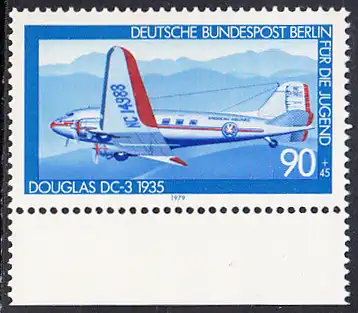 BERLIN 1979 Michel-Nummer 595 postfrisch EINZELMARKE RAND unten - Luftfahrt: Verkehrsflugzeug Douglas DC-3