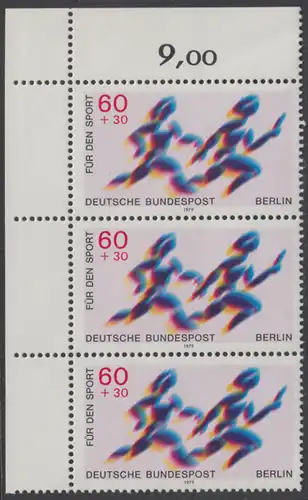 BERLIN 1979 Michel-Nummer 596 postfrisch vert.STRIP(3) ECKRAND oben links - Sporthilfe: Staffellauf