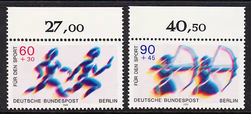 BERLIN 1979 Michel-Nummer 596-597 postfrisch SATZ(2) EINZELMARKEN RÄNDER oben - Sporthilfe: Staffellauf / Bogenschießen