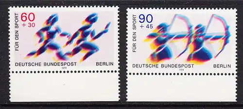 BERLIN 1979 Michel-Nummer 596-597 postfrisch SATZ(2) EINZELMARKEN RÄNDER unten - Sporthilfe: Staffellauf / Bogenschießen