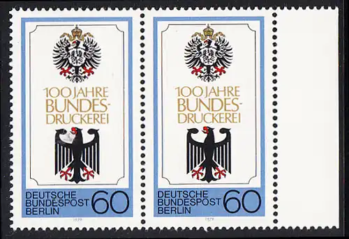 BERLIN 1979 Michel-Nummer 598 postfrisch horiz.PAAR RAND rechts - Bundesdruckerei Berlin