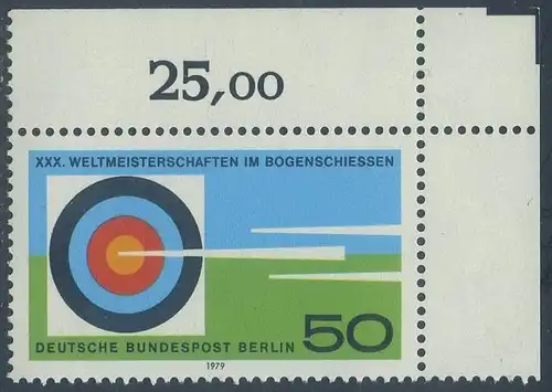 BERLIN 1979 Michel-Nummer 599 postfrisch EINZELMARKE ECKRAND oben rechts - Weltmeisterschaften im Bogenschießen, Berlin