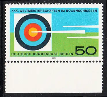 BERLIN 1979 Michel-Nummer 599 postfrisch EINZELMARKE RAND unten - Weltmeisterschaften im Bogenschießen, Berlin