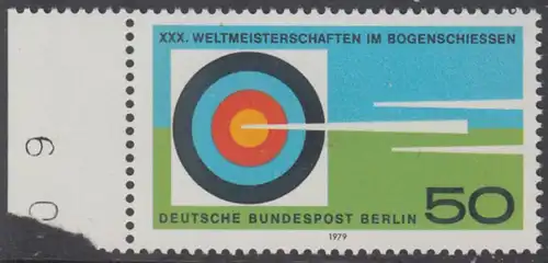 BERLIN 1979 Michel-Nummer 599 postfrisch EINZELMARKE RAND links (b/BZ) - Weltmeisterschaften im Bogenschießen, Berlin
