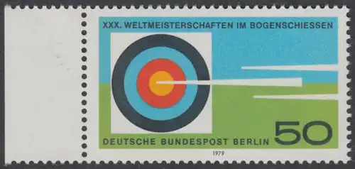 BERLIN 1979 Michel-Nummer 599 postfrisch EINZELMARKE RAND links (a) - Weltmeisterschaften im Bogenschießen, Berlin