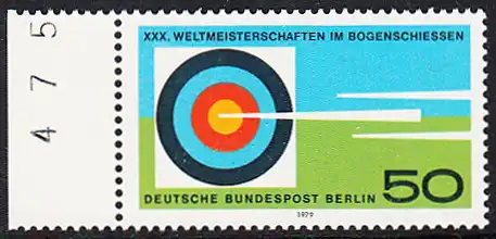 BERLIN 1979 Michel-Nummer 599 postfrisch EINZELMARKE RAND links (c/BZ) - Weltmeisterschaften im Bogenschießen, Berlin