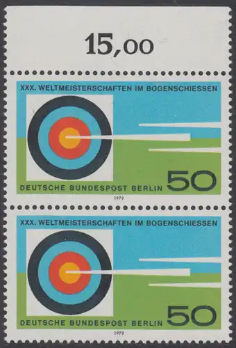 BERLIN 1979 Michel-Nummer 599 postfrisch vert.PAAR RAND oben - Weltmeisterschaften im Bogenschießen, Berlin