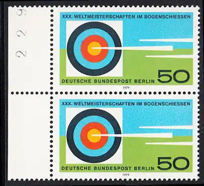 BERLIN 1979 Michel-Nummer 599 postfrisch vert.PAAR RAND links (b) - Weltmeisterschaften im Bogenschießen, Berlin