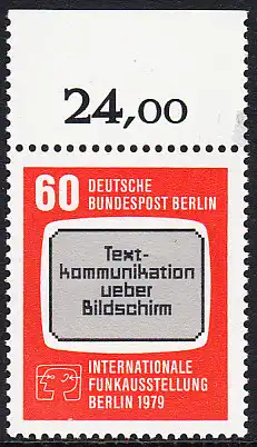 BERLIN 1979 Michel-Nummer 600 postfrisch EINZELMARKE RAND oben - Internationale Funkausstellung (IFA), Berlin