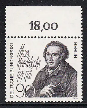 BERLIN 1979 Michel-Nummer 601 postfrisch EINZELMARKE RAND oben - Moses Mendelssohn, Philosoph