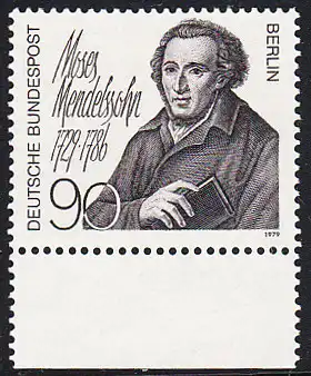 BERLIN 1979 Michel-Nummer 601 postfrisch EINZELMARKE RAND unten - Moses Mendelssohn, Philosoph