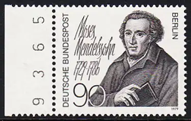 BERLIN 1979 Michel-Nummer 601 postfrisch EINZELMARKE RAND links (BZ) - Moses Mendelssohn, Philosoph