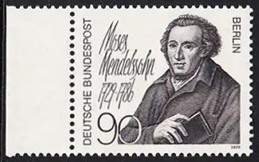 BERLIN 1979 Michel-Nummer 601 postfrisch EINZELMARKE RAND links (a) - Moses Mendelssohn, Philosoph