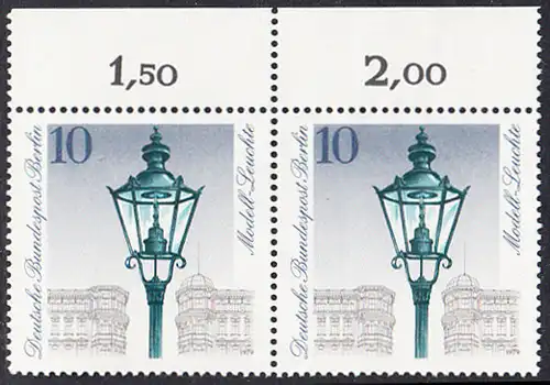 BERLIN 1979 Michel-Nummer 603 postfrisch horiz.PAAR RAND oben - Historische Straßenlaternen: Gasbetriebene Modell-Leuchte