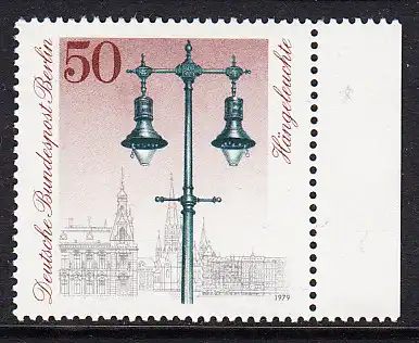 BERLIN 1979 Michel-Nummer 605 postfrisch EINZELMARKE RAND rechts - Historische Straßenlaternen: Gas-Hängeleuchte
