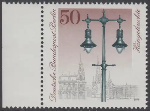 BERLIN 1979 Michel-Nummer 605 postfrisch EINZELMARKE RAND links - Historische Straßenlaternen: Gas-Hängeleuchte