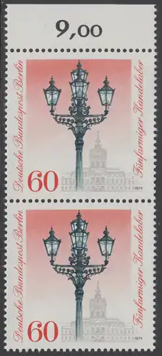 BERLIN 1979 Michel-Nummer 606 postfrisch vert.PAAR RAND oben - Historische Straßenlaternen: Fünfarmiger Kandelaber