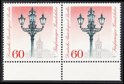 BERLIN 1979 Michel-Nummer 606 postfrisch horiz.PAAR RAND unten - Historische Straßenlaternen: Fünfarmiger Kandelaber