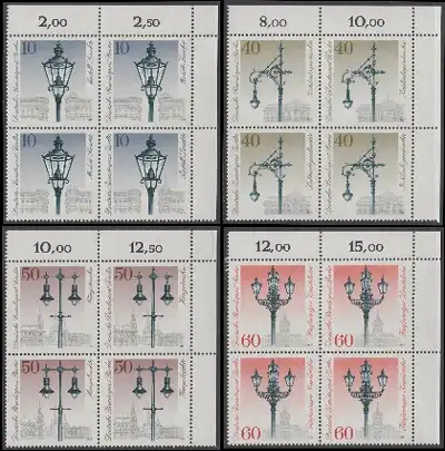 BERLIN 1979 Michel-Nummer 603-606 postfrisch SATZ(4) BLÖCKE ECKRÄNDER oben rechts - Historische Straßenlaternen